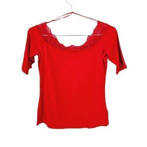Michael Kors Womens Blouse Red Short Sleeve Scoop Neck Lace Cotton Blend S